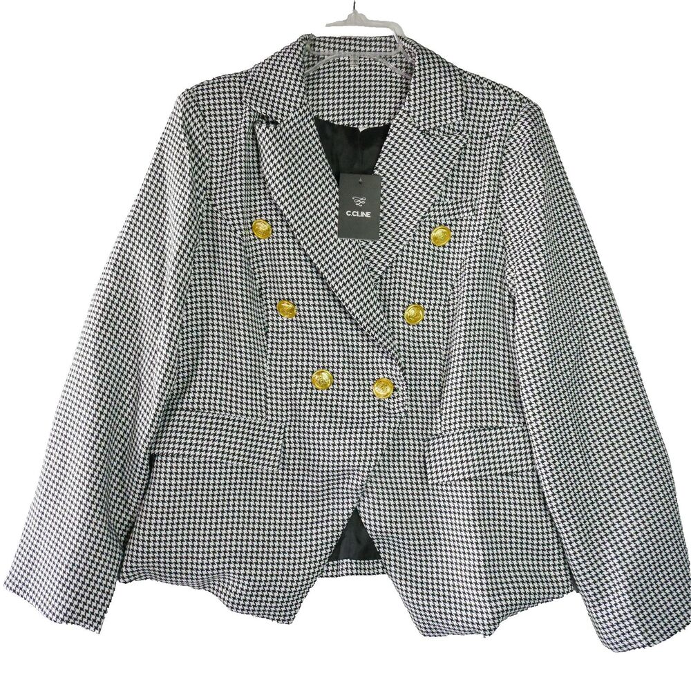 C Cline Womens Size 2XL Black White Gold Buttons Lined Blazer Jacket